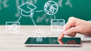 EduSync LMS tablet interface with global learning, book, and idea icons for modern education