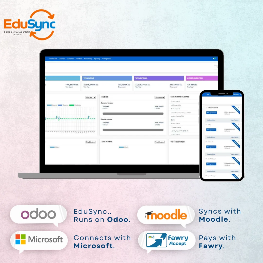 EduSync School Management System by Syncology featuring integration with Odoo, Moodle, Microsoft, and Fawry for seamless school operations.