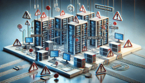 Conceptual illustration showing Network Setup Mistakes in Schools with tangled cables, server errors, and configuration warnings.
