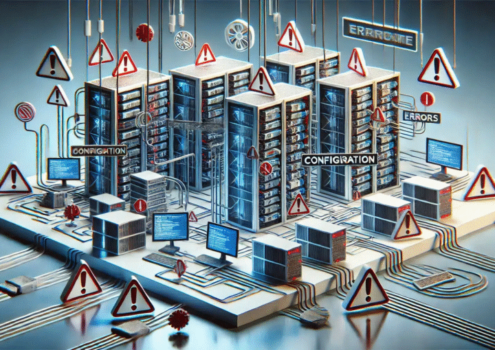 Conceptual illustration showing Network Setup Mistakes in Schools with tangled cables, server errors, and configuration warnings.
