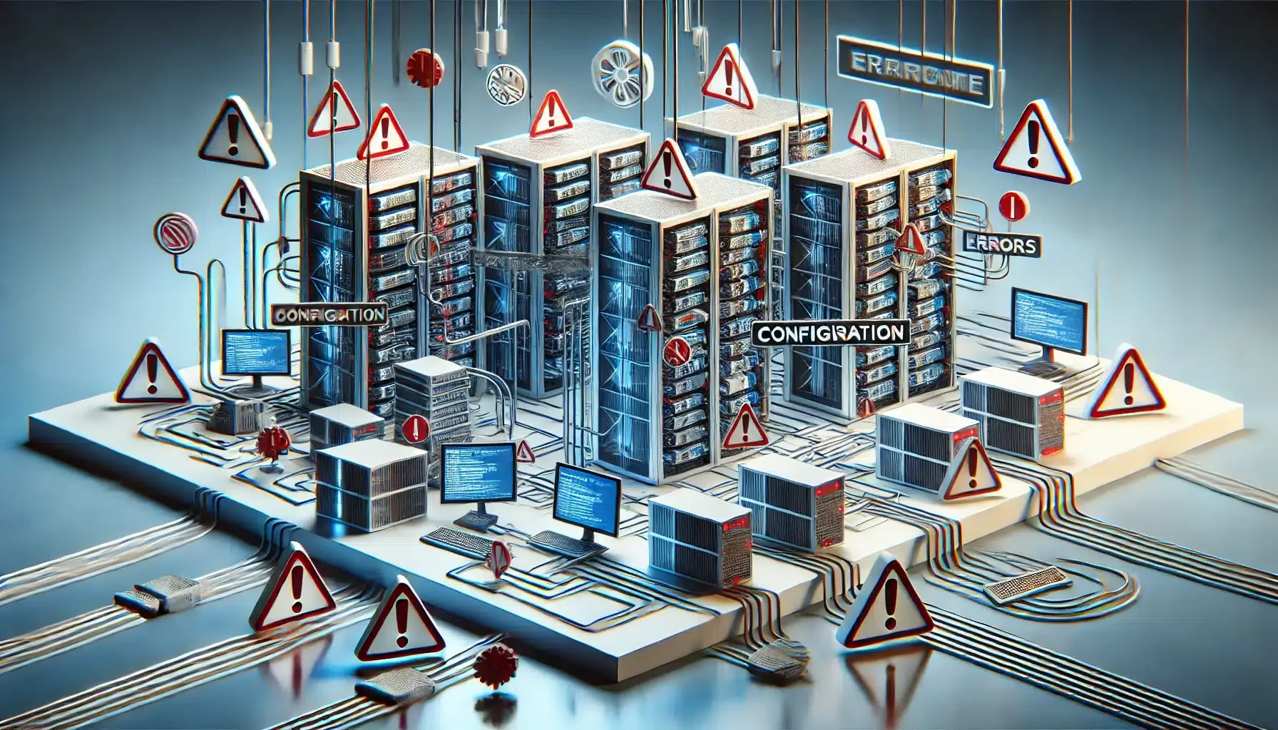 Conceptual illustration showing Network Setup Mistakes in Schools with tangled cables, server errors, and configuration warnings.