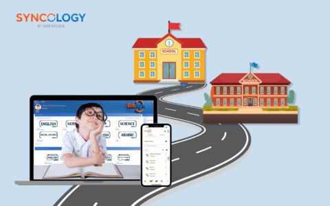 ERP Systems for multi-branch schools with laptop, mobile app, and multiple campuses connected by a road – Syncology