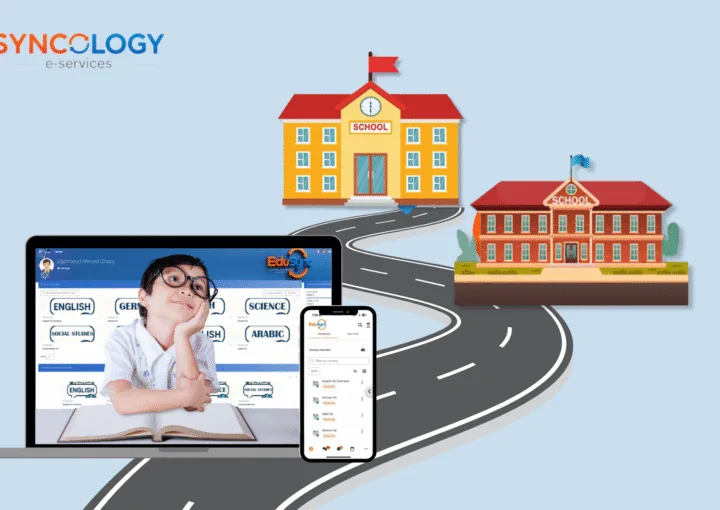 ERP Systems for multi-branch schools with laptop, mobile app, and multiple campuses connected by a road – Syncology