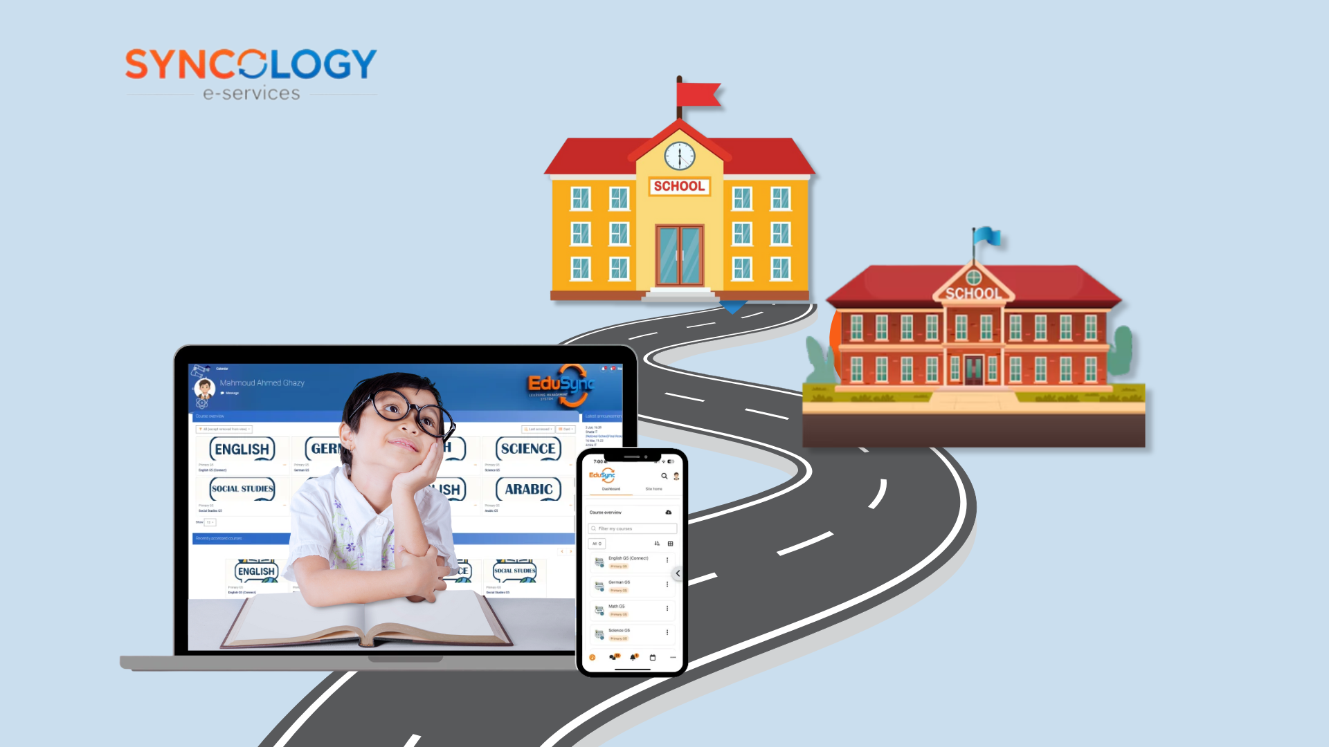 ERP Systems for multi-branch schools with laptop, mobile app, and multiple campuses connected by a road – Syncology