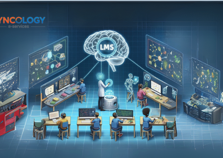 رسم توضيحي لـ نظام إدارة التعلم EduSync LMS يربط الفروع المدرسية تحت منصة تعليمية مركزية.