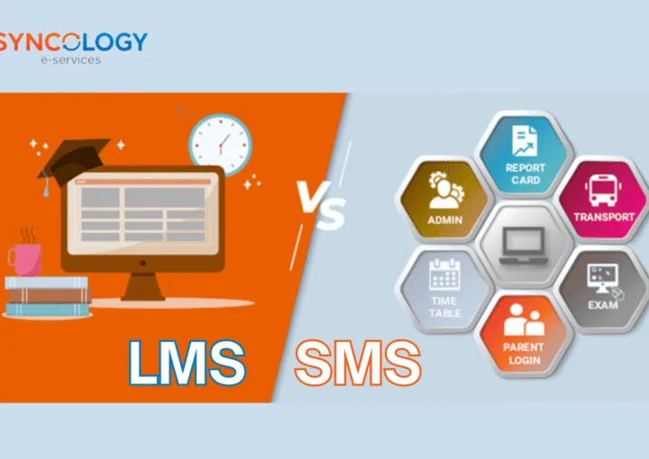 SMS vs LMS comparison graphic showing LMS screen vs SMS modules (admin, report card, transport) by Syncology