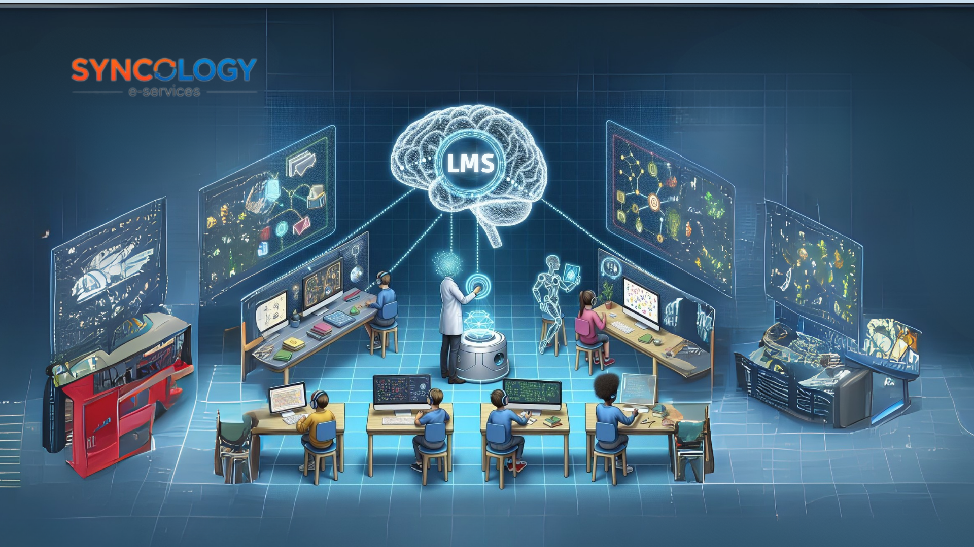 Illustration of EduSync Learning Management System for multi-branch schools with centralized control and branch-level classrooms.