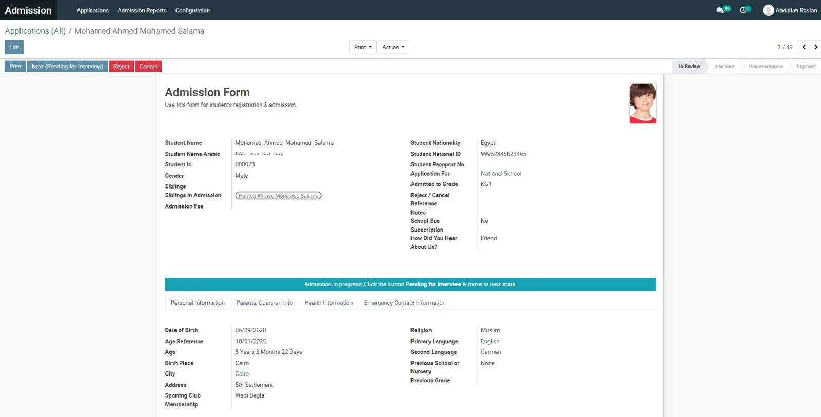 EduSync SMS admission module showing detailed student registration and admission form interface