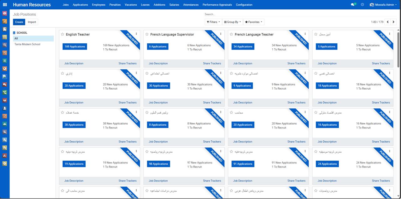 EduSync SMS HR and Payroll module displaying job positions, recruitment applications, and employee management tools for schools