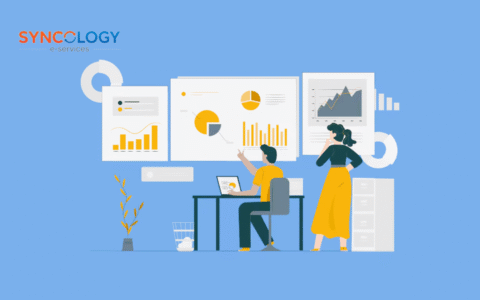 Illustration of school administrators analyzing real-time data and performance charts