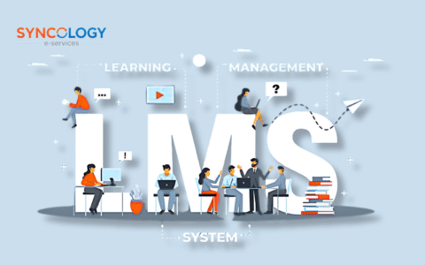 Illustration of LMS for private schools showing students and teachers using a learning management system