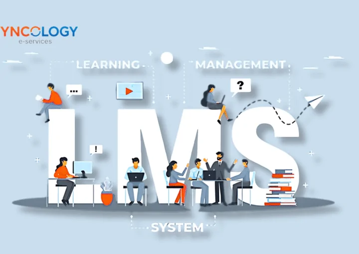 Illustration of LMS for private schools showing students and teachers using a learning management system