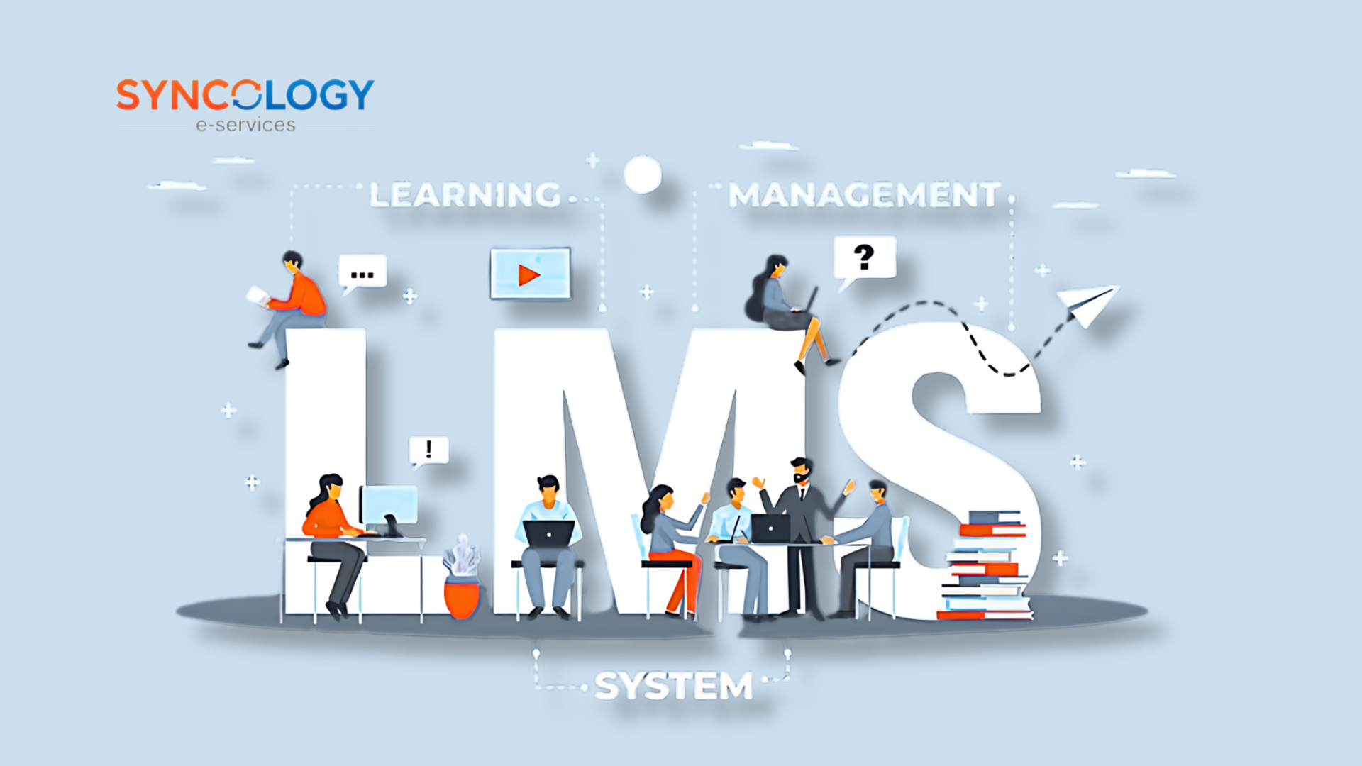 Illustration of LMS for private schools showing students and teachers using a learning management system