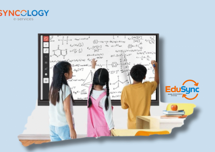 Students using an interactive smart board powered by EduSync Learning Management System.