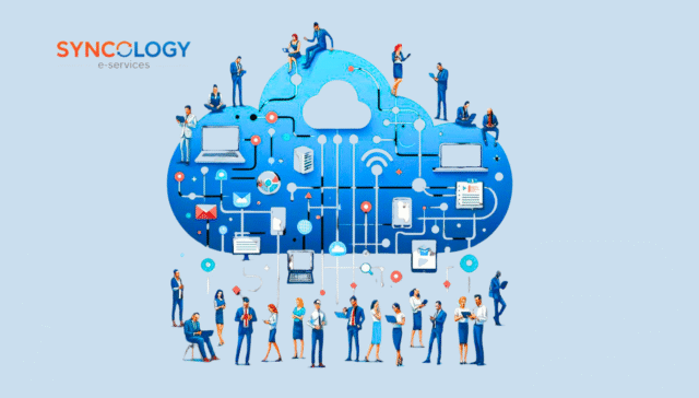 Smart Network Infrastructure powering EdTech and cloud-based school systems – professionals connected through digital devices and data networks.
