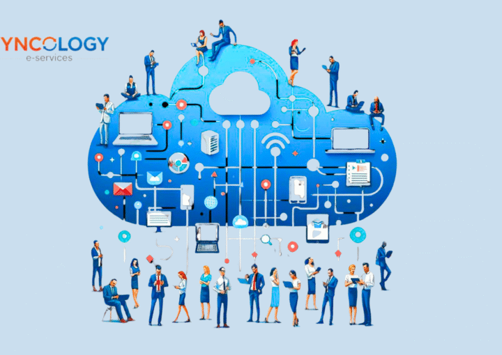 Smart Network Infrastructure powering EdTech and cloud-based school systems – professionals connected through digital devices and data networks.