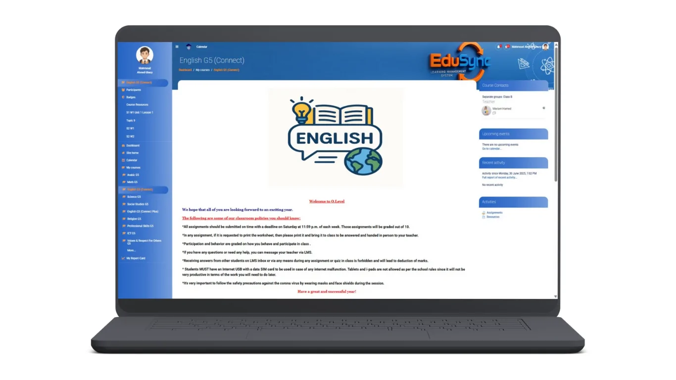 EduSync Learning Management System - Classes and courses dashboard showing classroom policies and welcome message