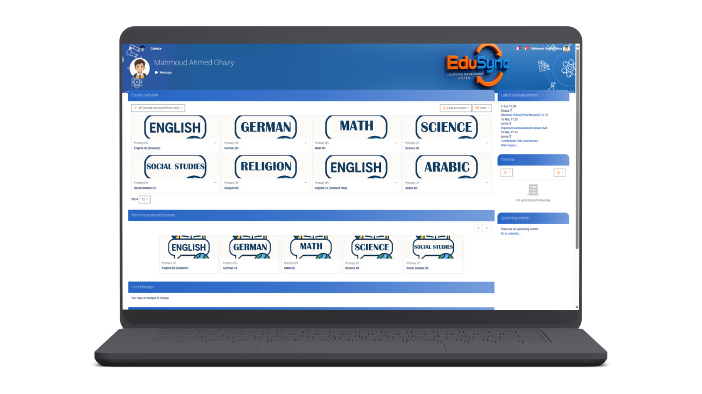 لوحة تحكم الطلاب في نظام إدارة التعلم EduSync LMS تعرض جميع المواد الدراسية والأنشطة الحديثة.