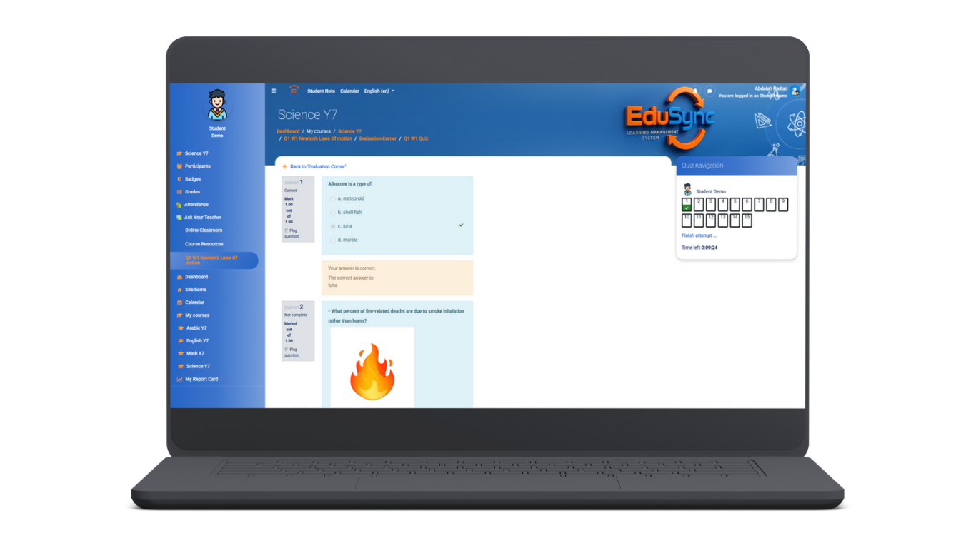 واجهة الاختبارات في نظام إدارة التعلم EduSync LMS تُظهر أسئلة تفاعلية وإجابات فورية للطلاب.