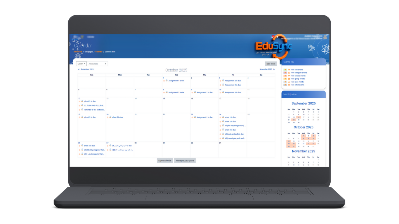 EduSync Learning Management System academic calendar displaying student assignments, due dates, and upcoming events for the month.