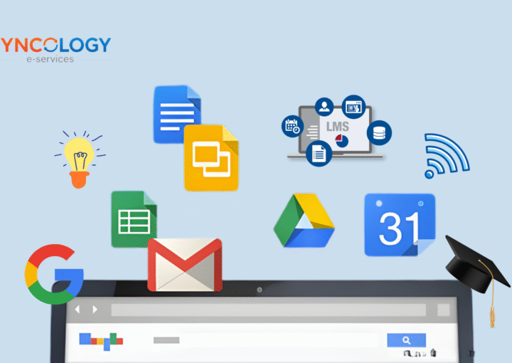 Illustration of Google tools and LMS platform icons representing Google Classroom or LMS comparison for schools