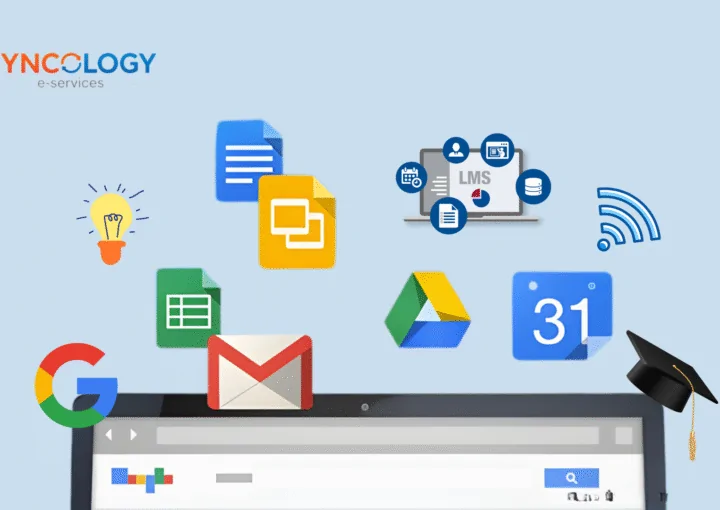Illustration of Google tools and LMS platform icons representing Google Classroom or LMS comparison for schools