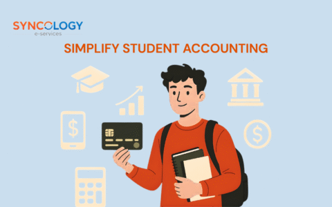 Illustration of a student holding a card and notebooks, representing digital solutions for School Student Accounting with Syncology.
