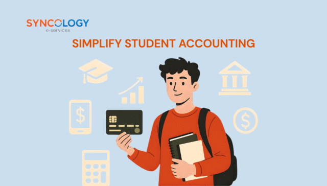 Illustration of a student holding a card and notebooks, representing digital solutions for School Student Accounting with Syncology.