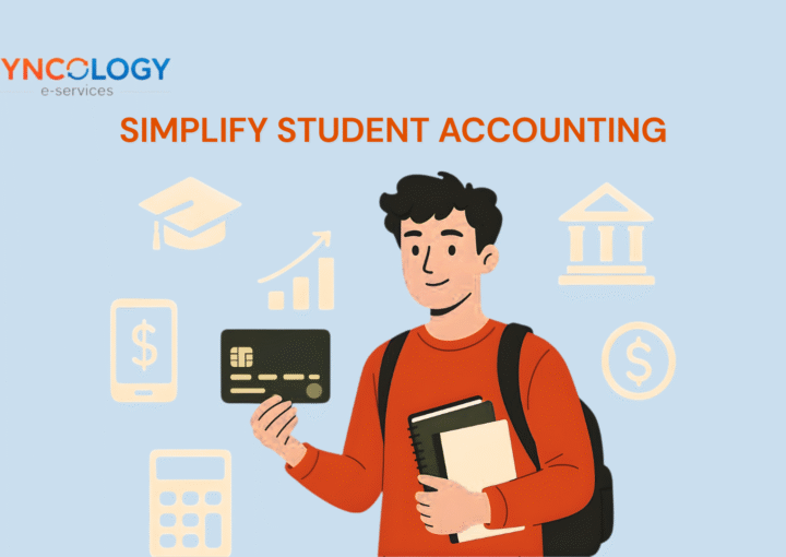 Illustration of a student holding a card and notebooks, representing digital solutions for School Student Accounting with Syncology.