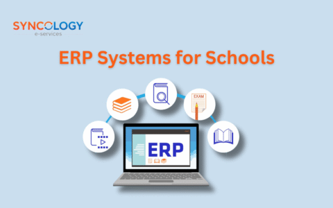 نظام ERP للمدارس: ما الذي تتوقعه لمدرستك خلال 90 يوماً؟ 11 توضيح لنظام حوسبة متكامل (نظام ERP للمدارس) على حاسوب محمول، يربط الوظائف الأساسية مثل الأكاديميات، المكتبة، الامتحانات، والموارد.