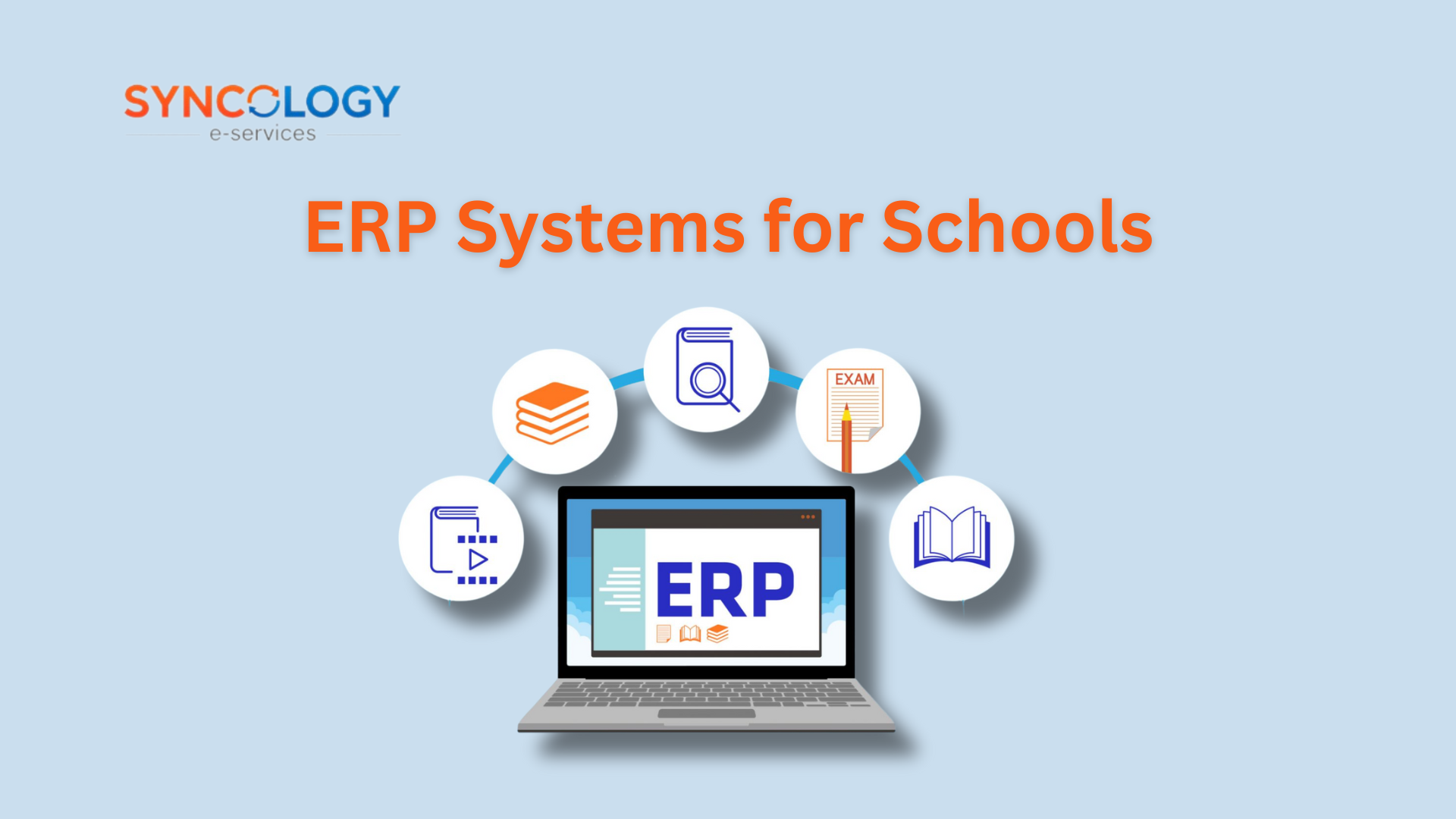توضيح لنظام حوسبة متكامل (نظام ERP للمدارس) على حاسوب محمول، يربط الوظائف الأساسية مثل الأكاديميات، المكتبة، الامتحانات، والموارد.
