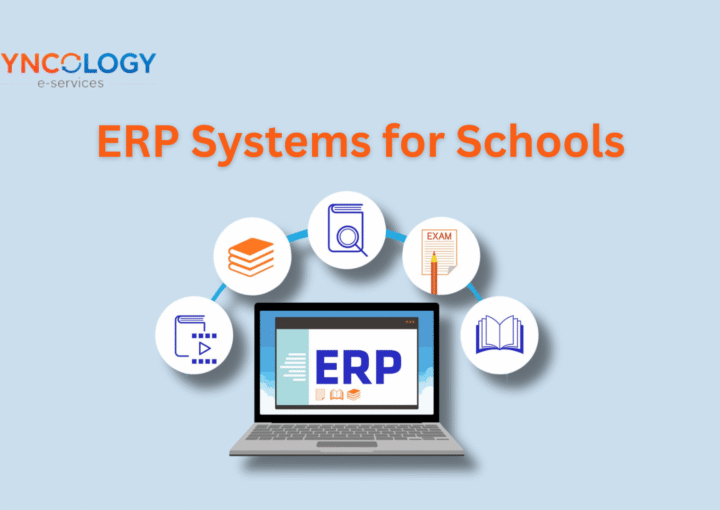 Illustration of an integrated ERP for Schools system on a laptop, connecting core functions like Academics, Library, Exams, and Resources.