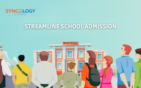 Parents and students standing in front of a smart school building during the school admissions process