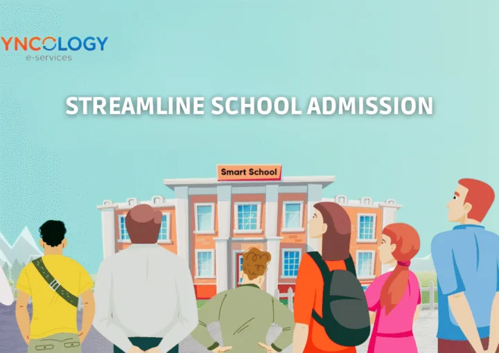 Parents and students standing in front of a smart school building during the school admissions process