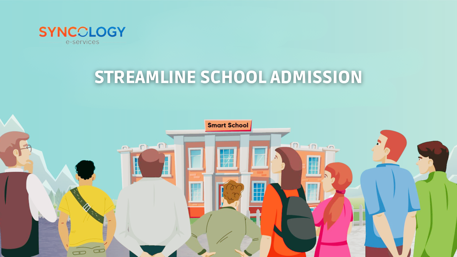 Parents and students standing in front of a smart school building during the school admissions process