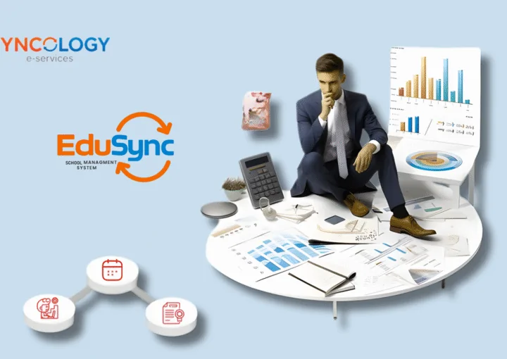 مسؤول مدرسة يحلل التقارير المالية واللوحات الرقمية باستخدام نظام EduSync لتعزيز إدارة حسابات المدرسة بكفاءة.