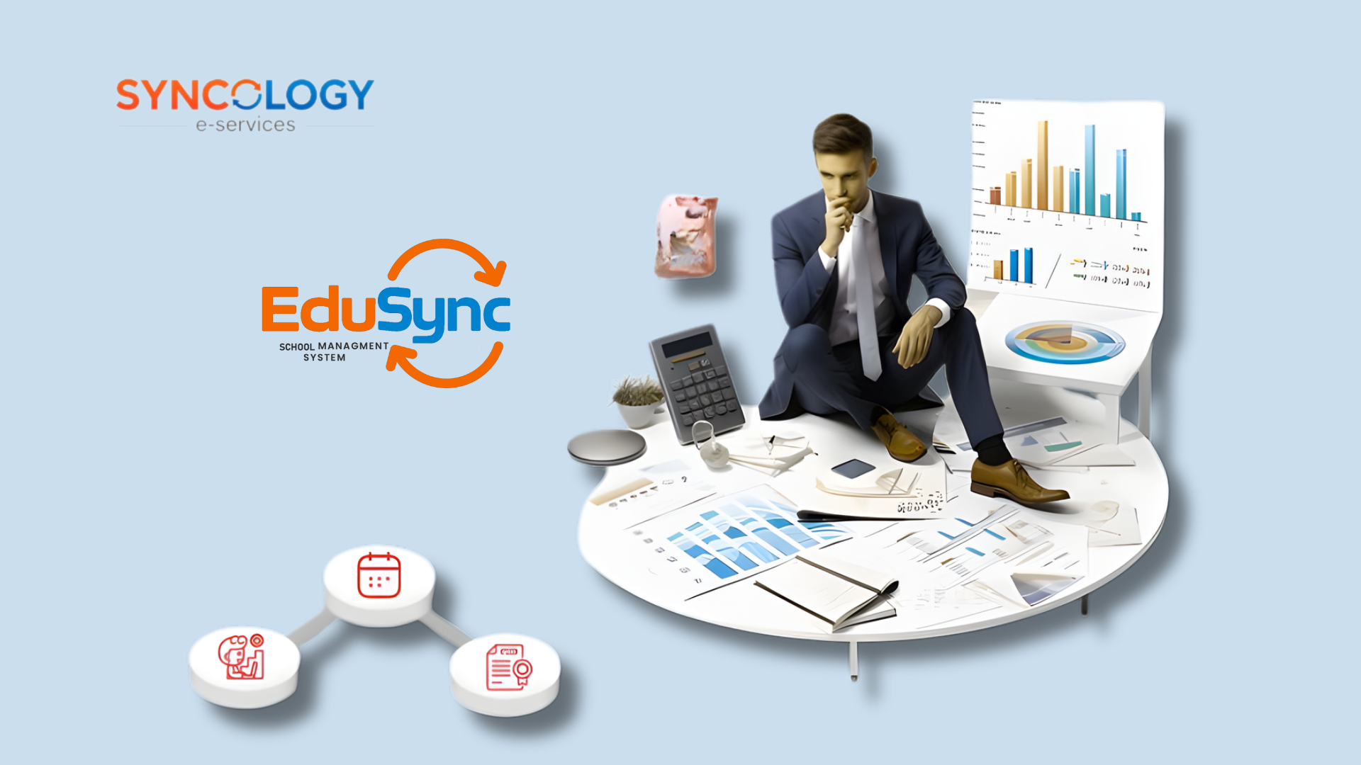 A school administrator analyzing financial reports and digital dashboards using EduSync School Management System for improved School General Accounting.
