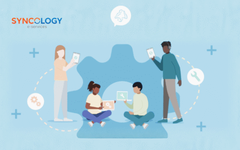 School IT team collaborating with laptops and tablets to improve digital learning systems and school technology management