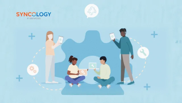 How to Train Your School IT Team for the Best Network System 1 School IT team collaborating with laptops and tablets to improve digital learning systems and school technology management