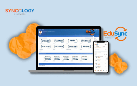 Screenshot of the EduSync School Management Software dashboard showing subject modules (English, Math, Science) accessible on both laptop and mobile devices.