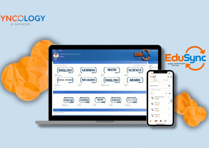 Screenshot of the EduSync School Management Software dashboard showing subject modules (English, Math, Science) accessible on both laptop and mobile devices.