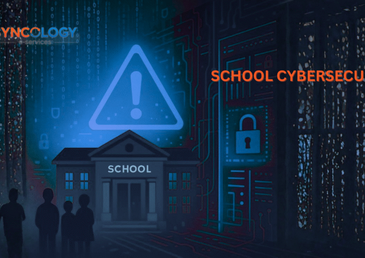 An illustration featuring a school building beneath a large warning sign and digital padlock, emphasizing the critical need for effective School Cybersecurity.