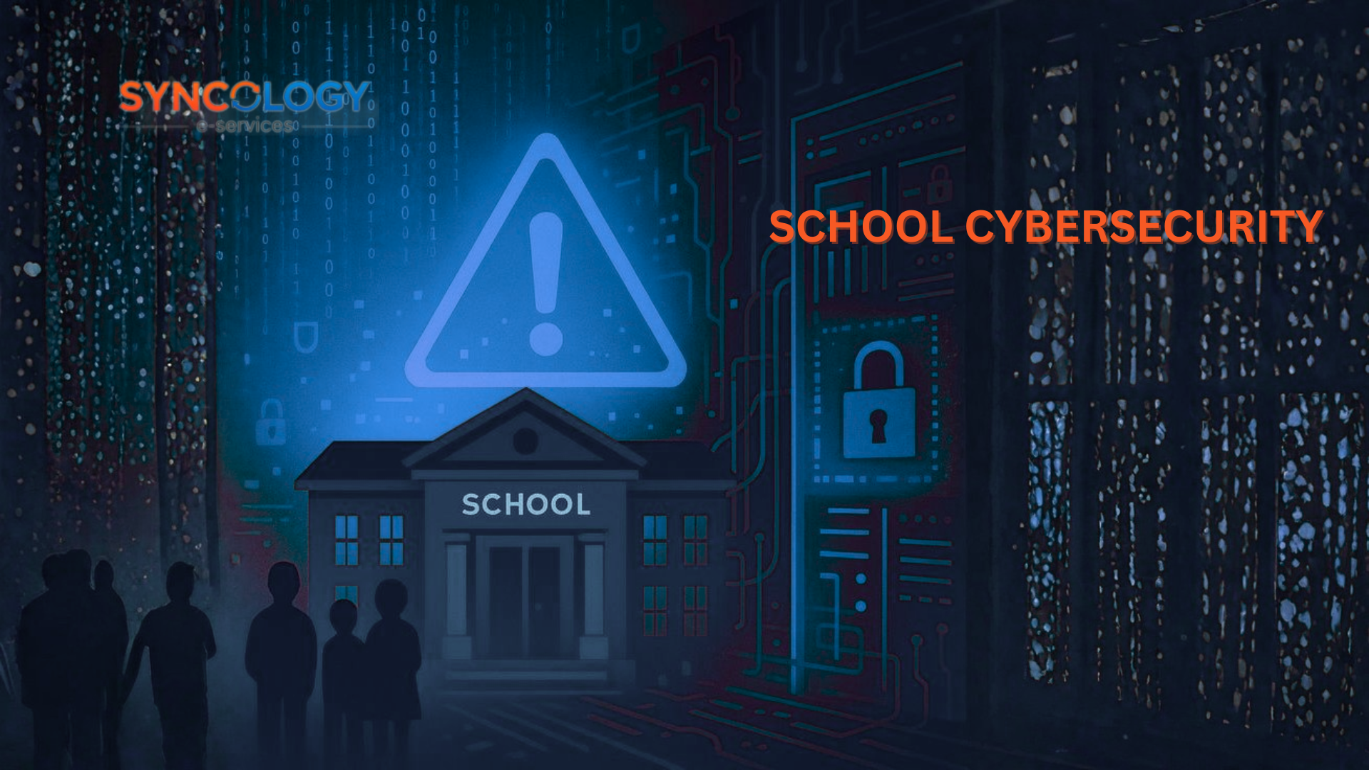 An illustration featuring a school building beneath a large warning sign and digital padlock, emphasizing the critical need for effective School Cybersecurity.