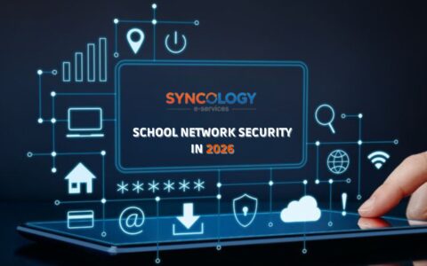 School network security system displayed on a digital interface showing data protection and cybersecurity icons