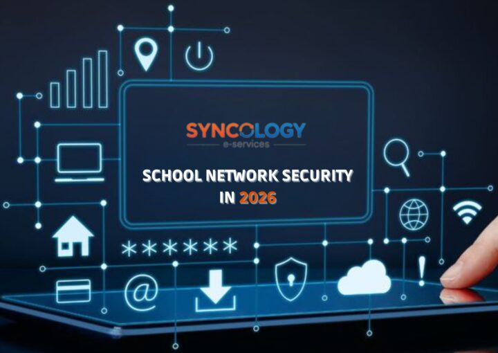School network security system displayed on a digital interface showing data protection and cybersecurity icons