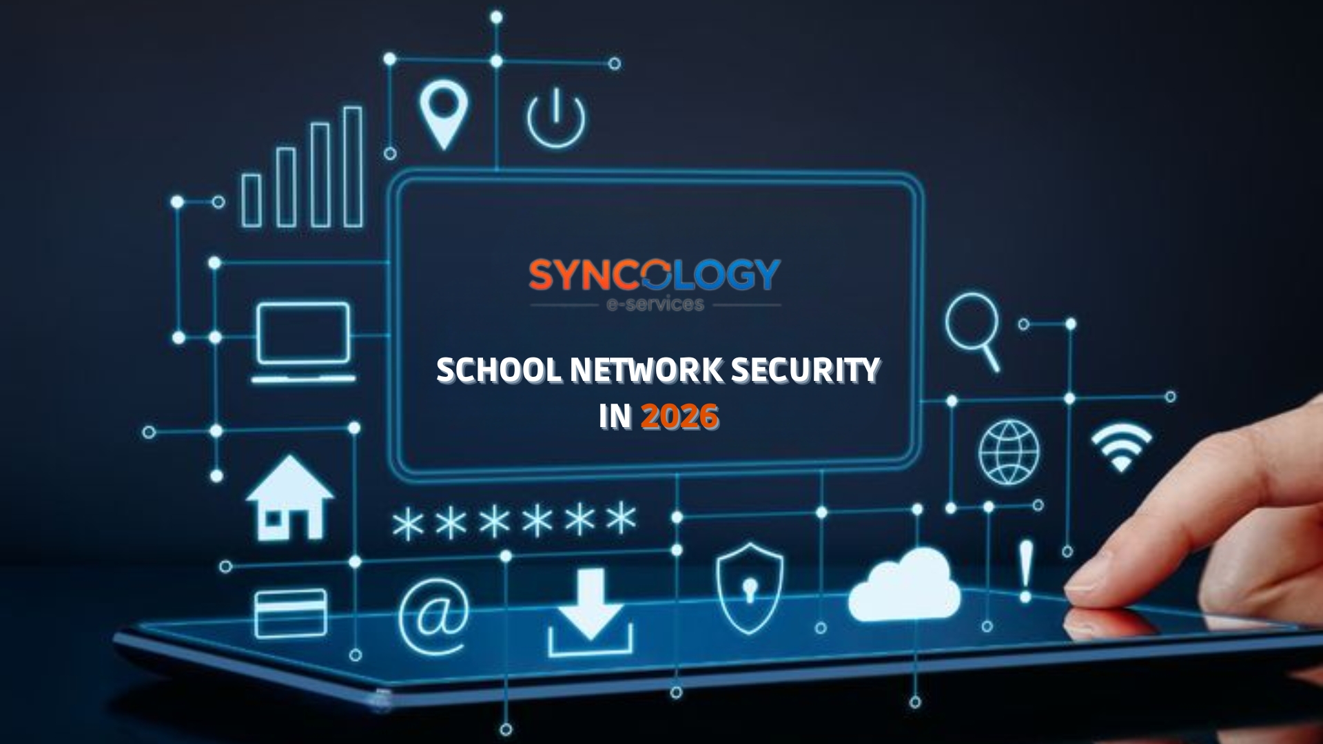 School network security system displayed on a digital interface showing data protection and cybersecurity icons