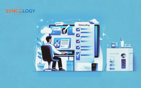 Illustration of an administrator using a School Management System (SMS) to complete digital onboarding with automated checklists and reduced paperwork.