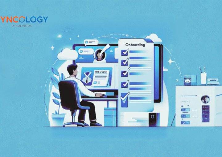 Illustration of an administrator using a School Management System (SMS) to complete digital onboarding with automated checklists and reduced paperwork.