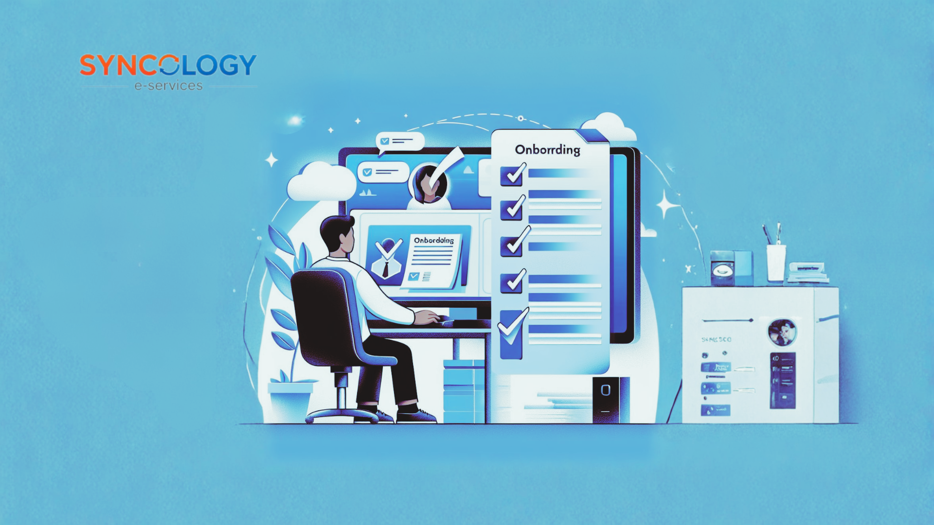 Illustration of an administrator using a School Management System (SMS) to complete digital onboarding with automated checklists and reduced paperwork.