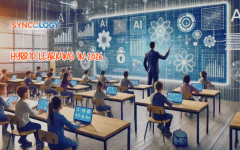 A modern classroom showcasing hybrid learning, where students use digital devices while a teacher integrates AI and interactive smart learning tools.